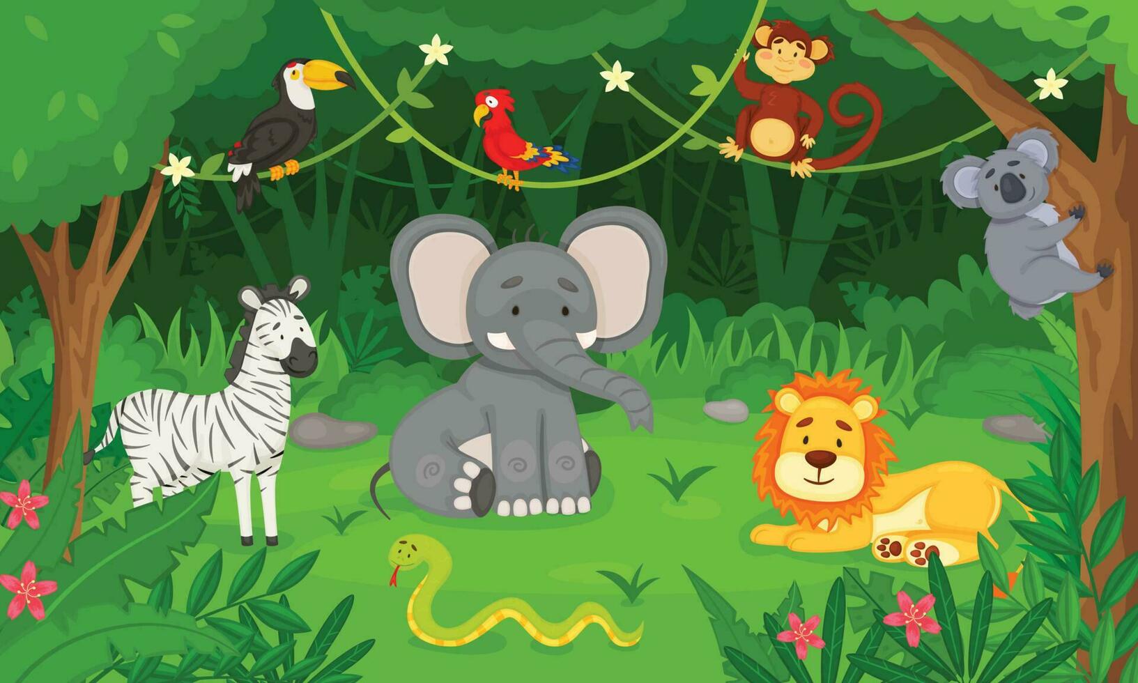 Cartoon wild animals in jungle forest, tropical animal habitat. Cute lion, snake, toucan, monkey, elephant, rainforest vector illustration