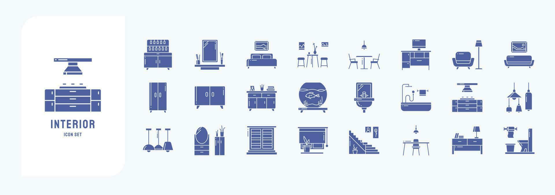 Interior and home decor, including icons like Bar, Bed, Coffee table, Sofa and more vector