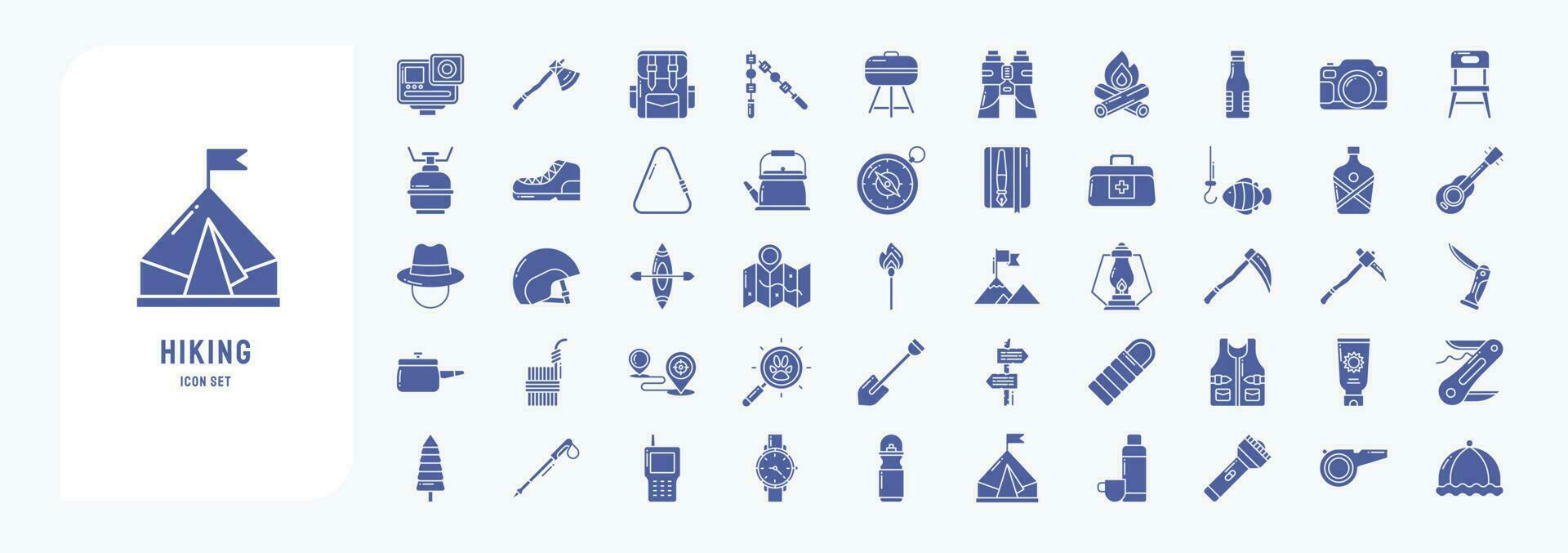 Hiking and trekking, including icons like Action Camera, Backpack, Bbq, Binoculars and more vector