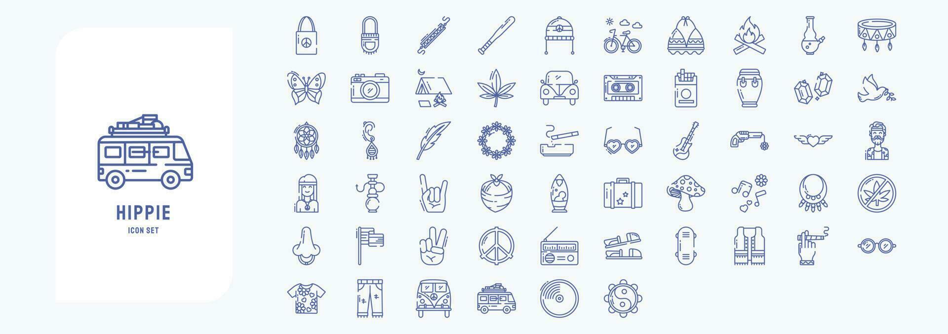 Hippie icon set including icons like Bag, Baseball, Peace, Bicycle, Bikini and more vector