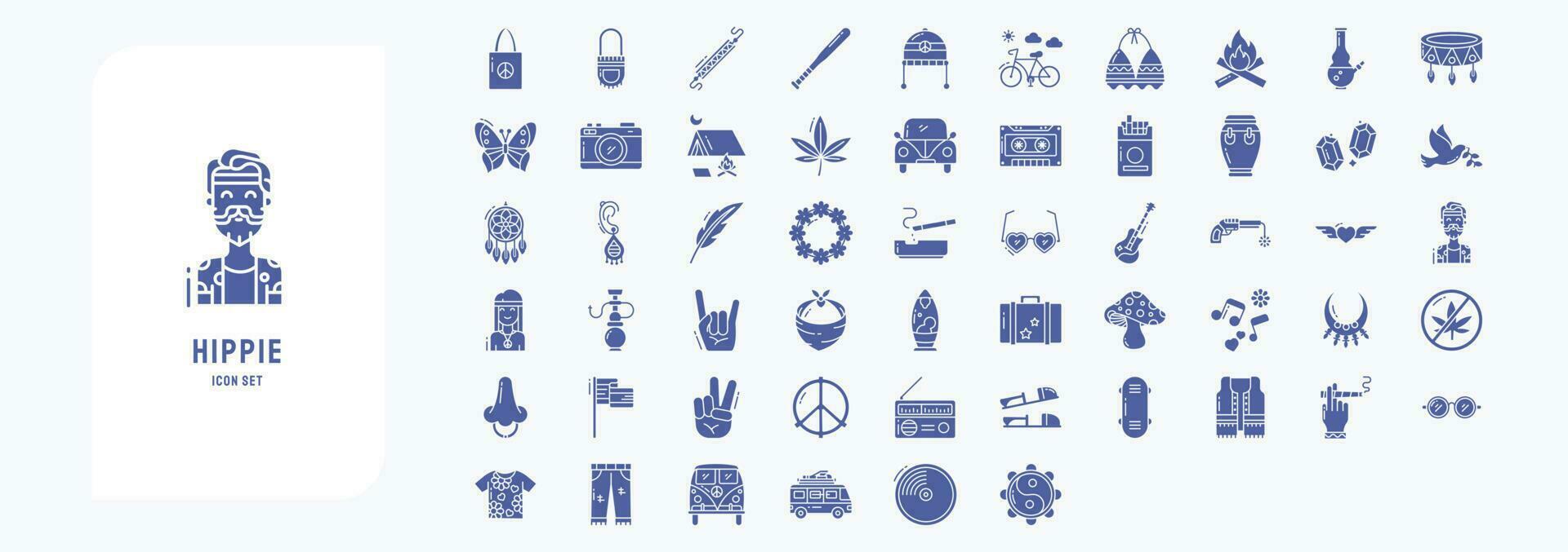 Hippie icon set including icons like Bag, Baseball, Peace, Bicycle, Bikini and more vector