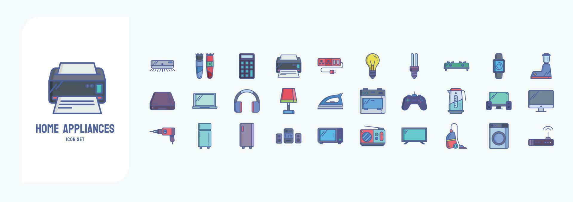 Home appliances, including icons like Printer, Bulb, Microwave oven, Washing machine and more vector