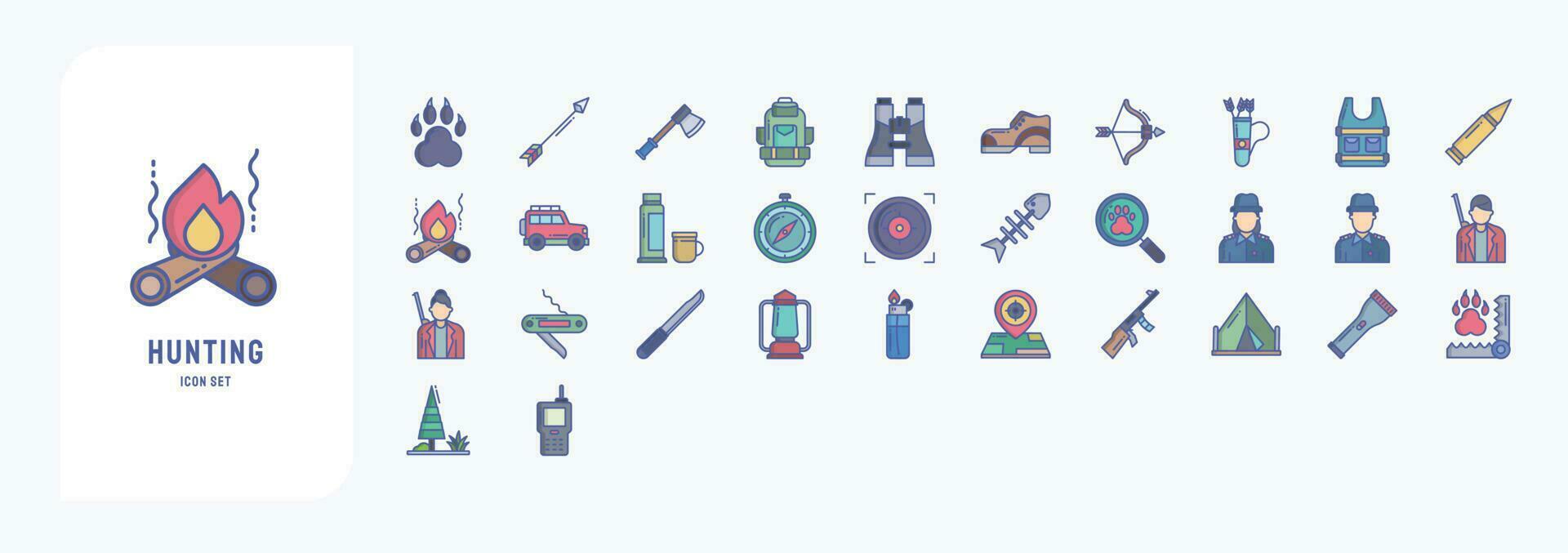 Hunting and camping, including icons like Animal, Arrow, Axe, Backpack and more vector