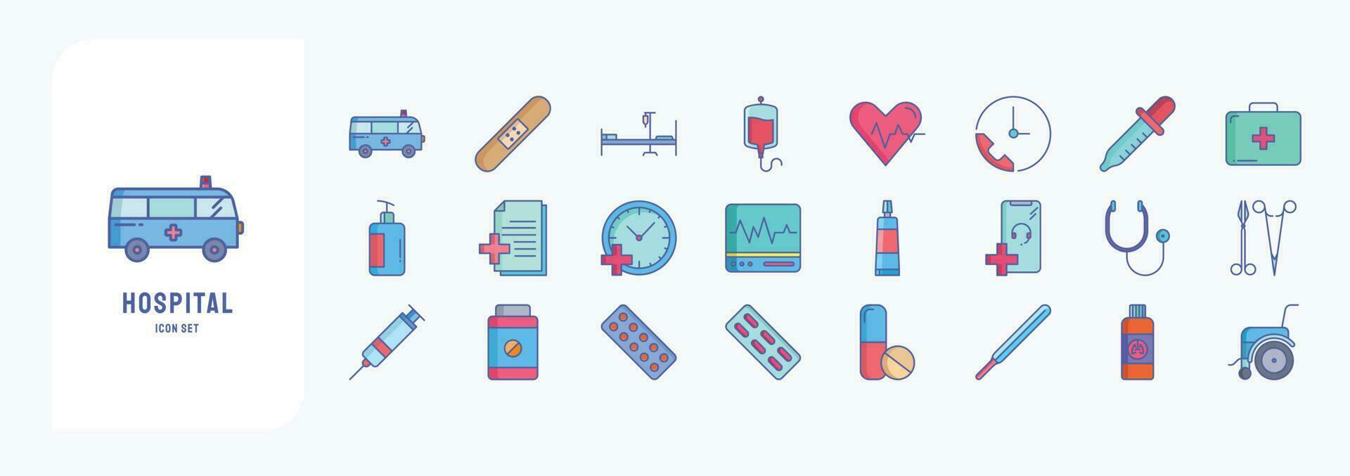 Hospital and medical, including icons like Ambulance, Bed, Blood, First aid kit and more vector