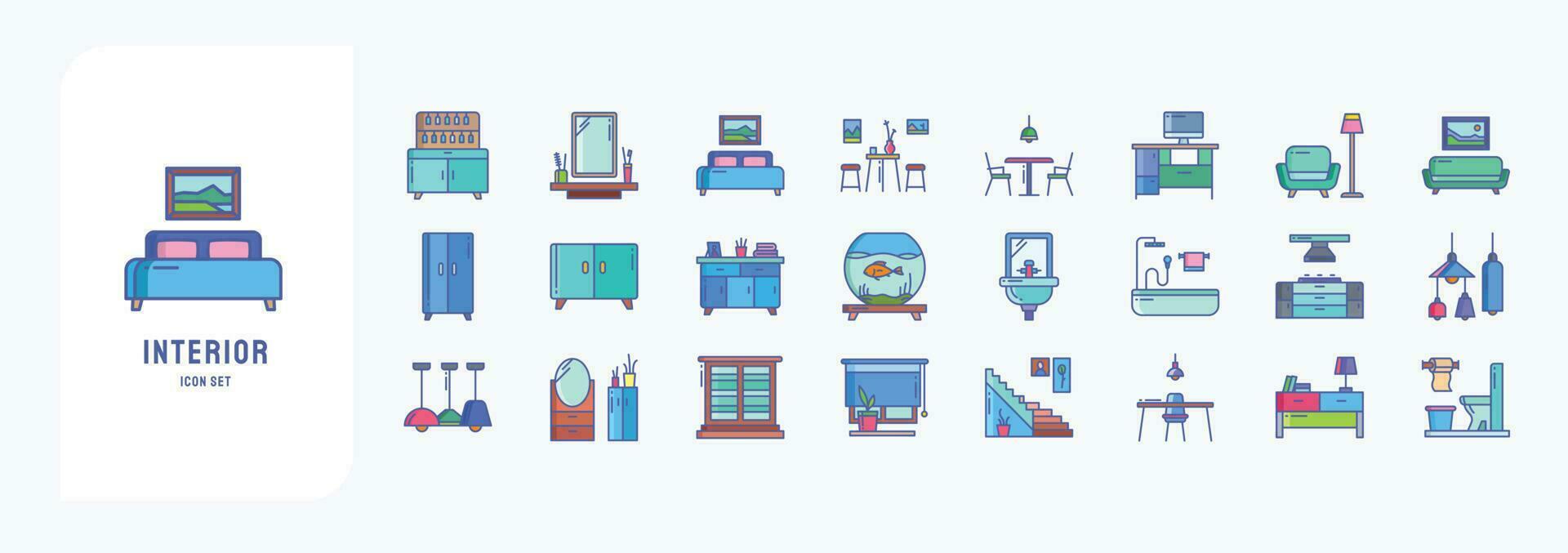 Interior and home decor, including icons like Bar, Bed, Coffee table, Sofa and more vector