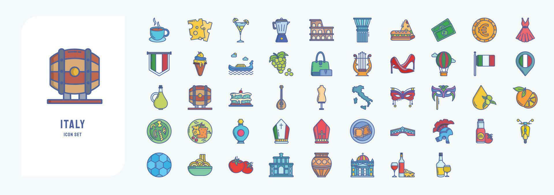 Italy country and culture, including icons like Cappuccino, Cheese, Cocktail, Coffee Pot and more vector