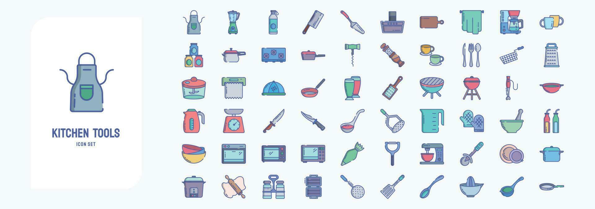 Kitchen Tools, including icons like Apron, Butcher knife, Cooker, Coffee mug and more vector