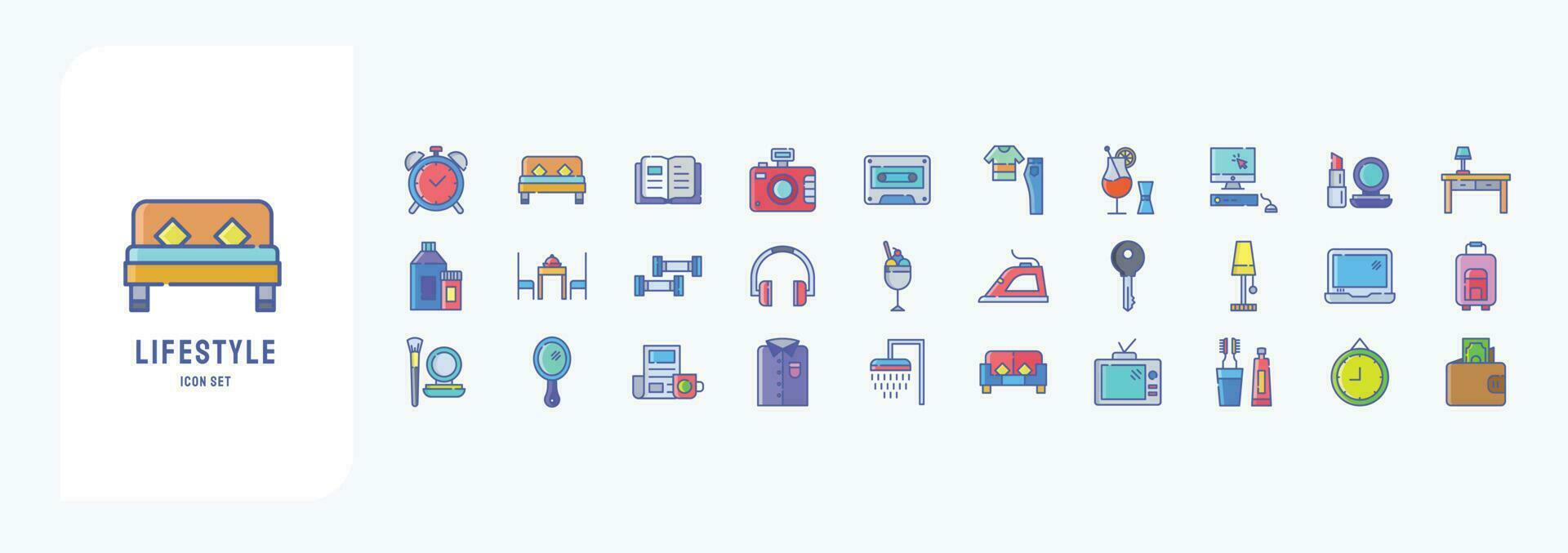 Lifestyle, including icons like Alarm, Bed, Book, Camera and more vector