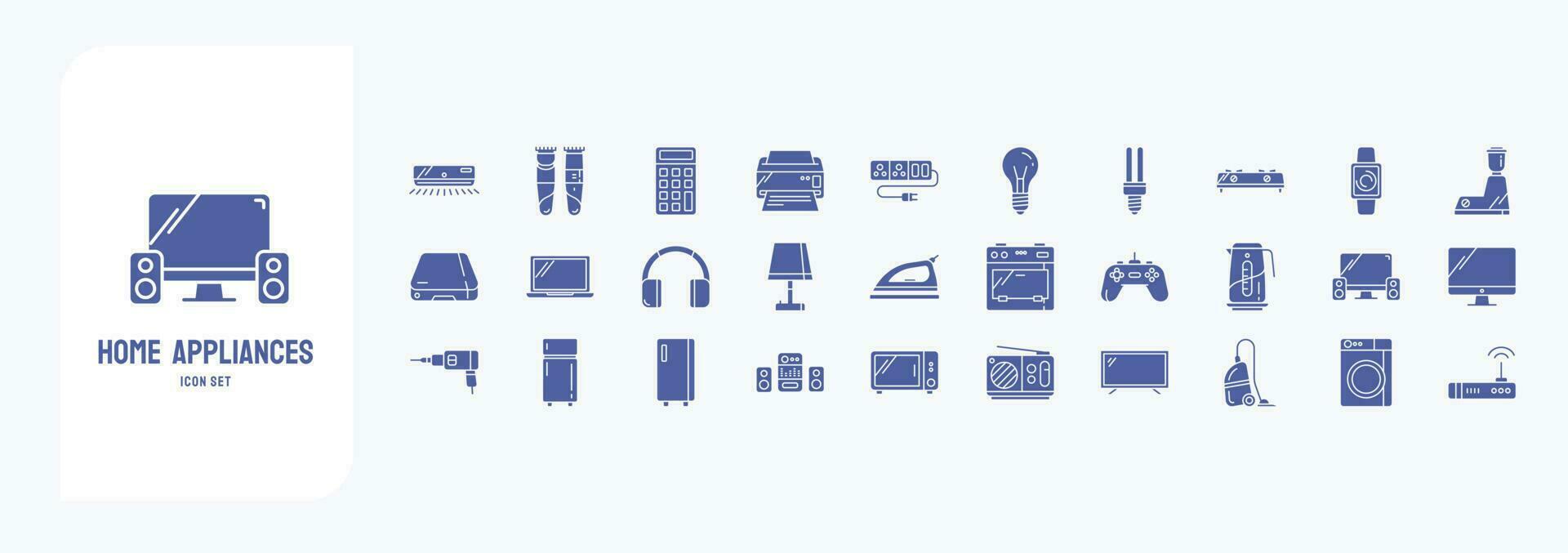 Home appliances, including icons like Printer, Bulb, Microwave oven, Washing machine and more vector