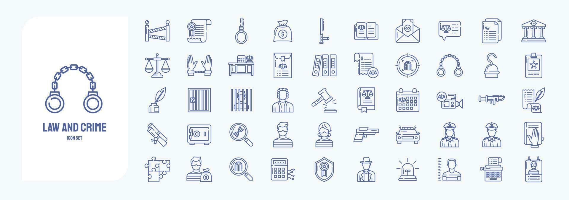 Law and Crime, including icons like Police, Custody, Court, Handcuffs and more vector