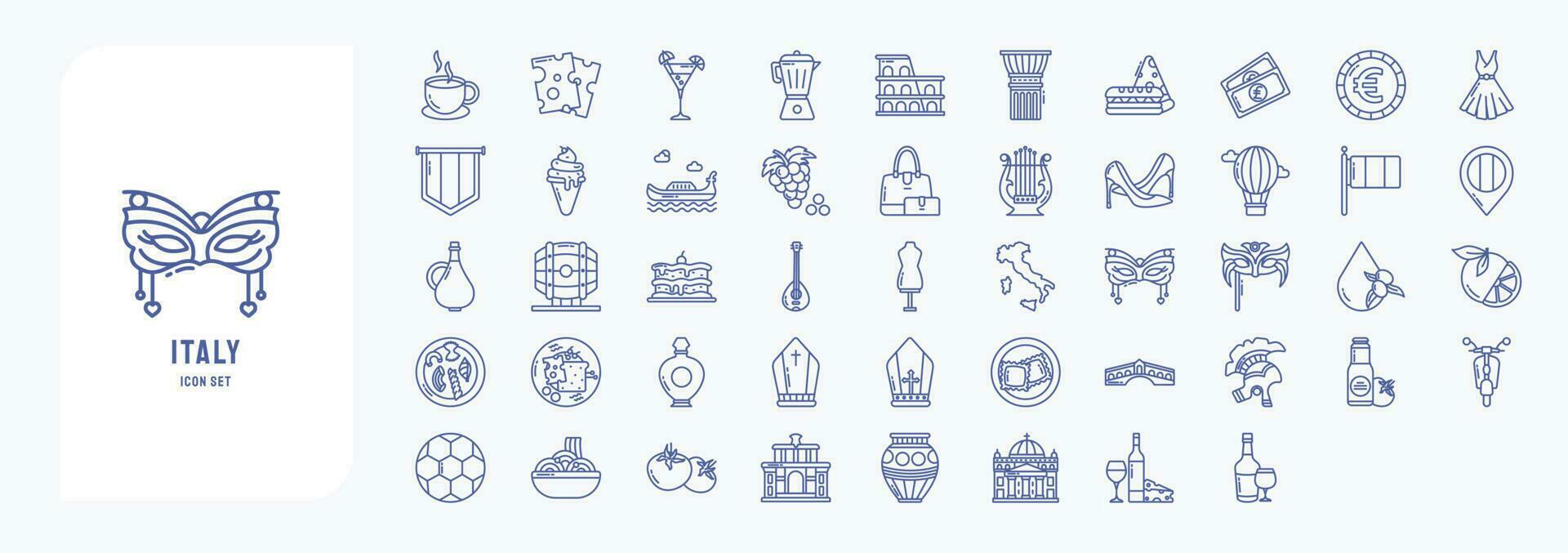 Italy country and culture, including icons like Cappuccino, Cheese, Cocktail, Coffee Pot and more vector