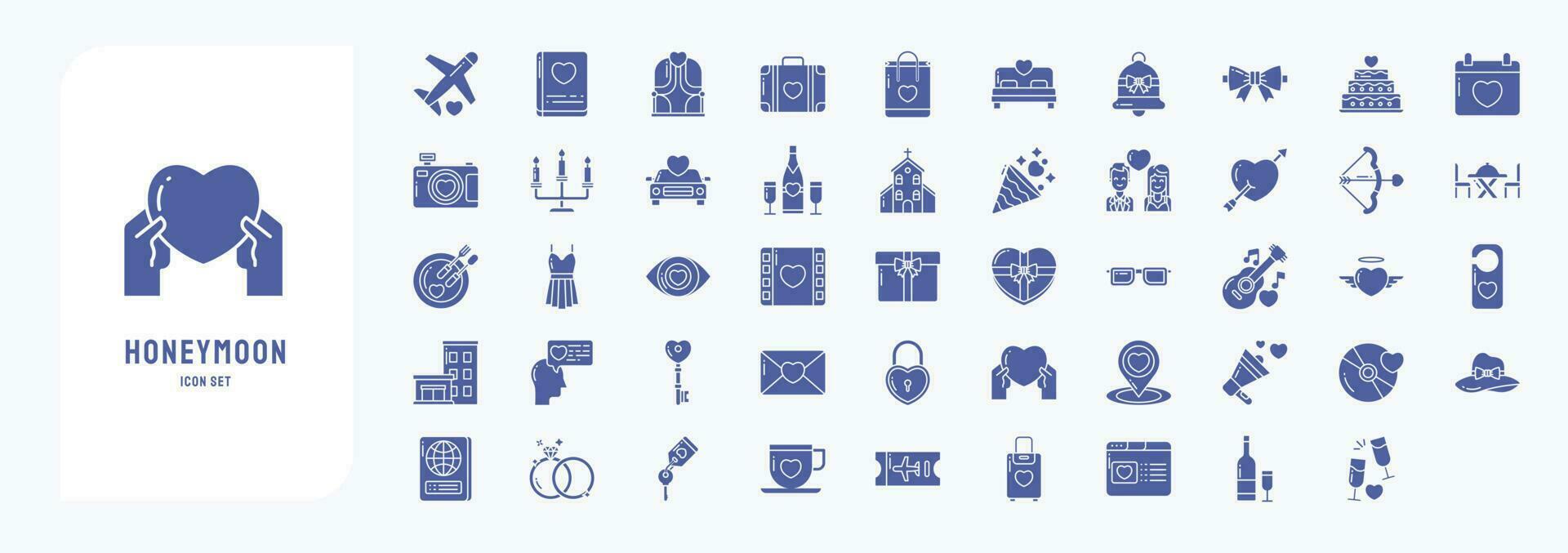 Honeymoon and romance, including icons like Airplane, Photo album, Bag, Cake and more vector