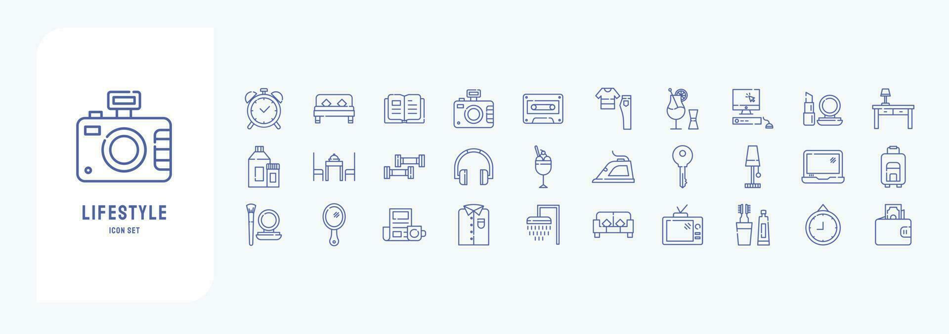 Lifestyle, including icons like Alarm, Bed, Book, Camera and more vector