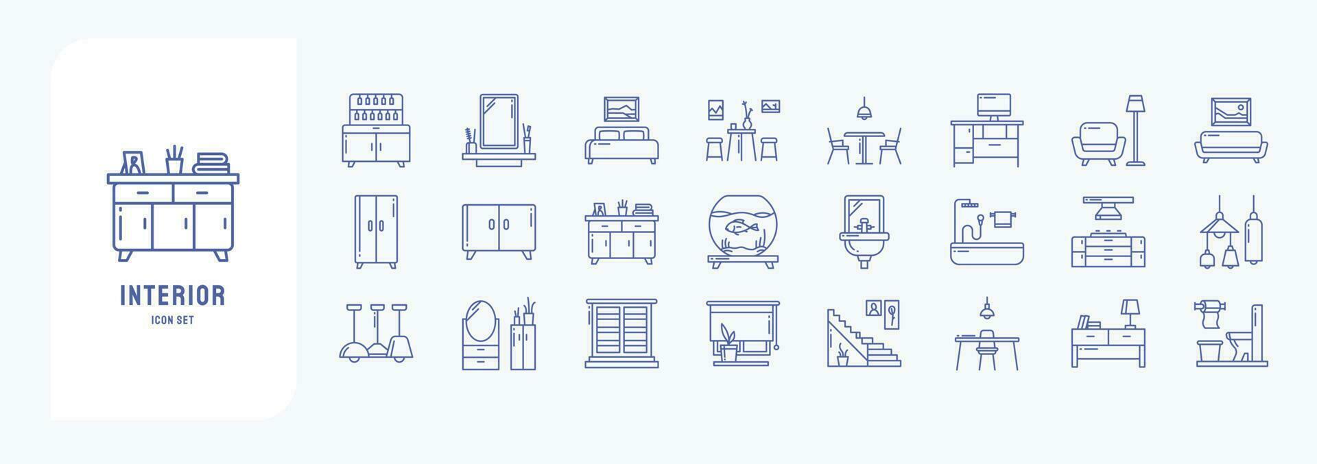 Interior and home decor, including icons like Bar, Bed, Coffee table, Sofa and more vector