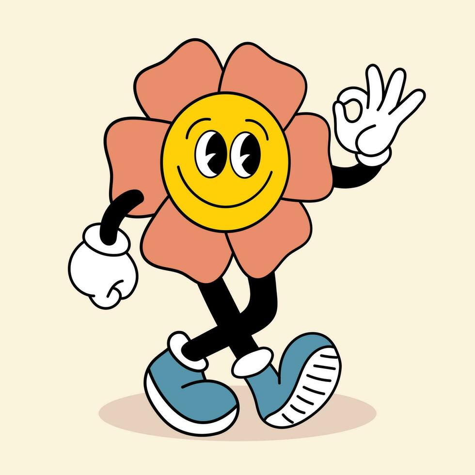 Cute flower character in retro style. Illustration in cartoon style, vector