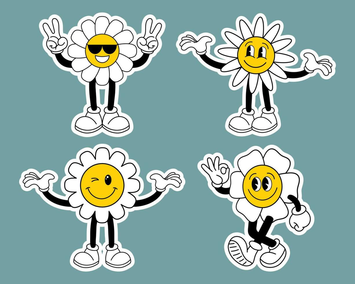 Set of cute flower characters in retro style.. Cartoon style icons, stickers, vector