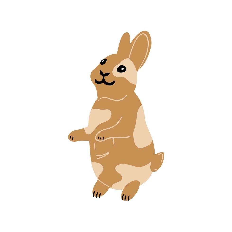 Cute brown cartoon bunny sitting and looking up. Hand drawn rabbit vector illustration.