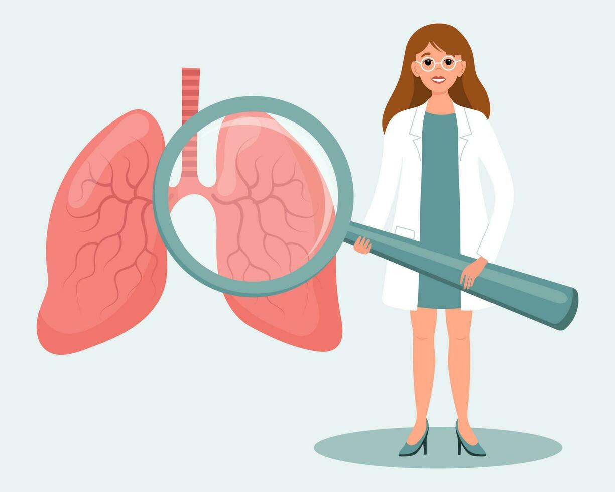 Female doctor with a magnifying glass and human lungs. Medical diagnosis of the human respiratory system, healthcare concept. Illustration, vector