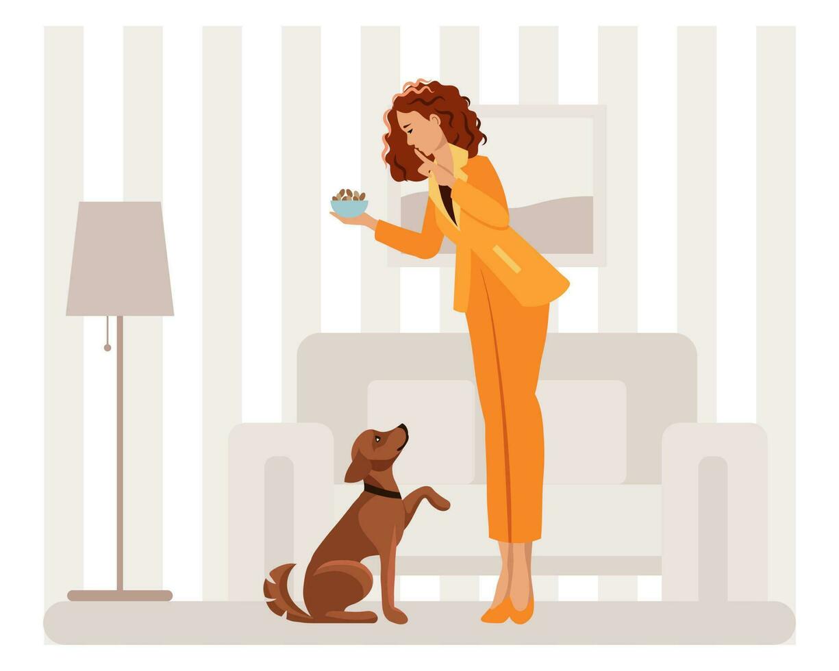 A woman trains and feeds a dog. Pet care concept. Flat style illustration, vector