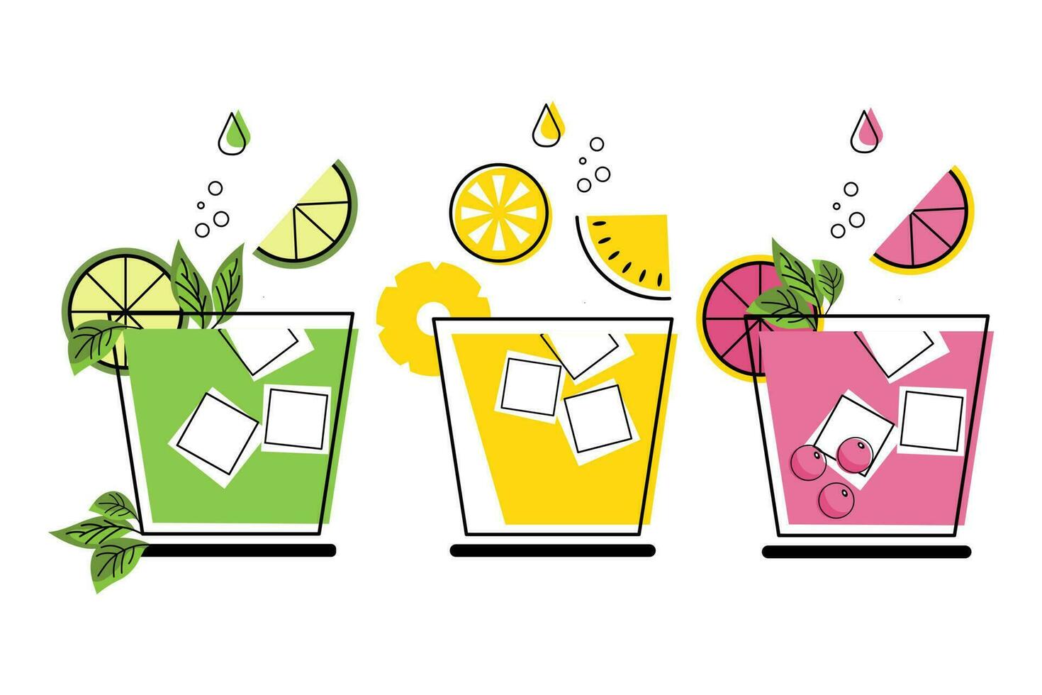 Set of colorful fruit cocktails, soft drinks. Icons, vector
