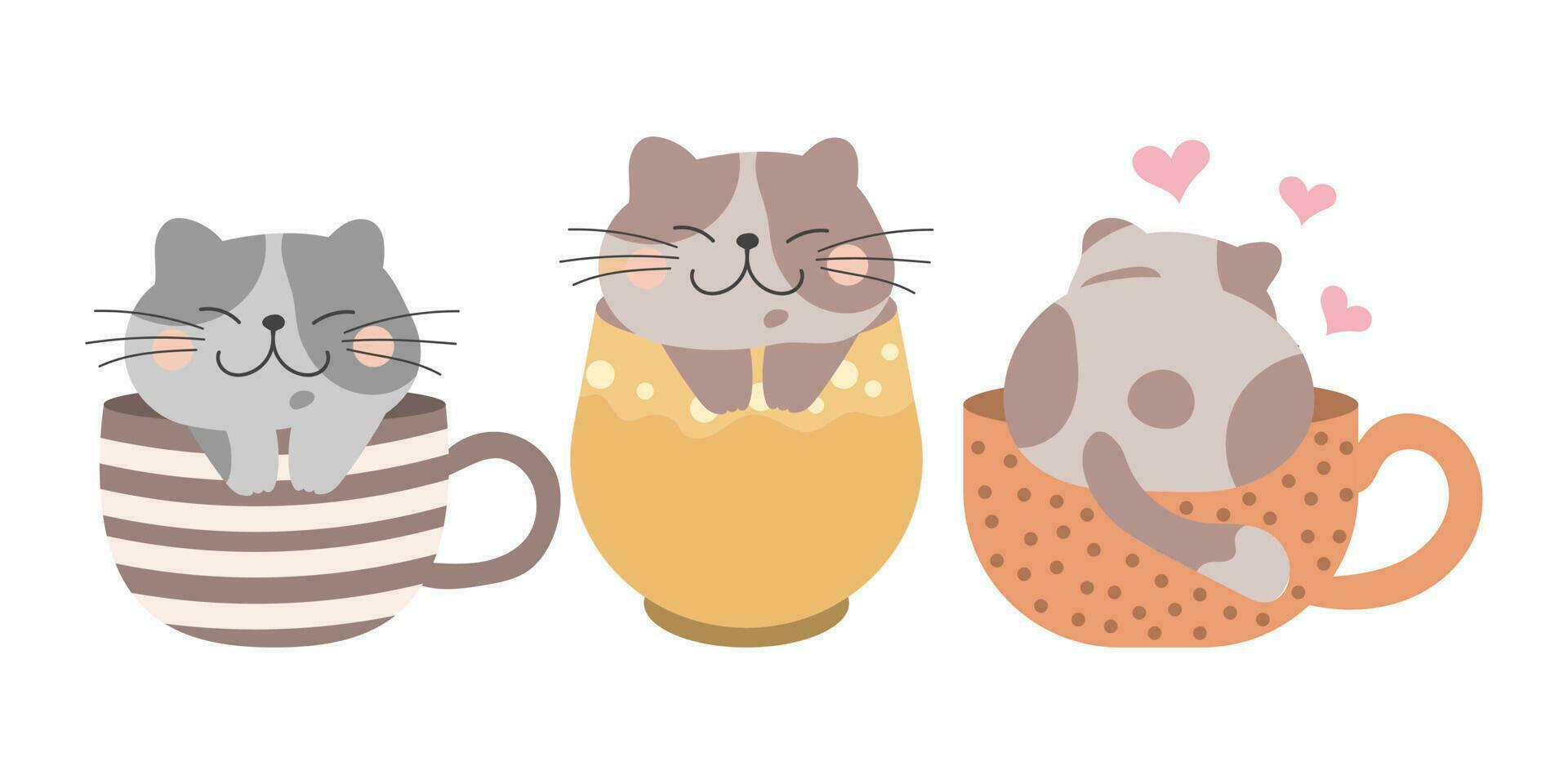 Cute cartoon cats in cups, set. Children's print, vector