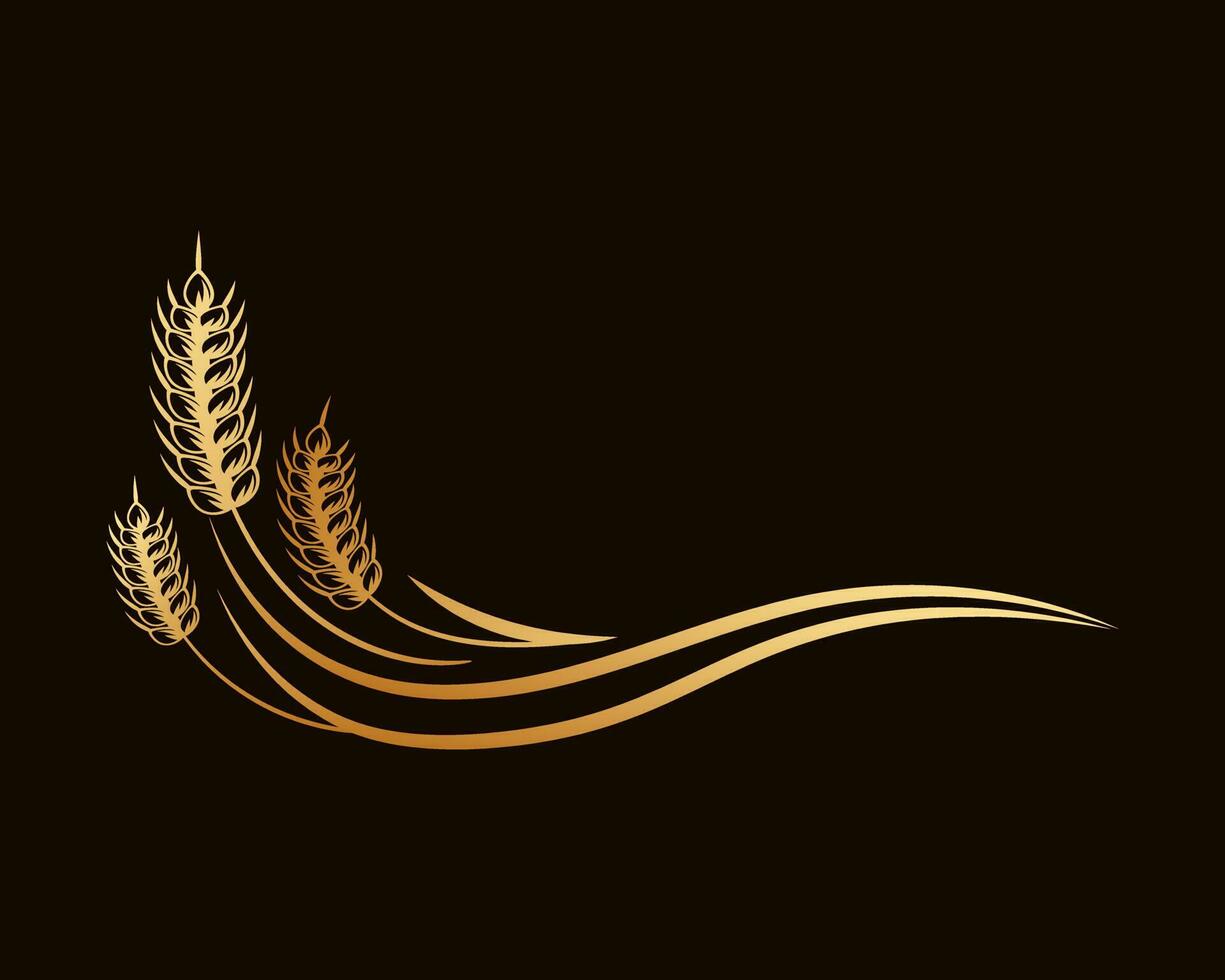 Spikelets of wheat, rye, barley. Golden badge on black background, elegant design, vector