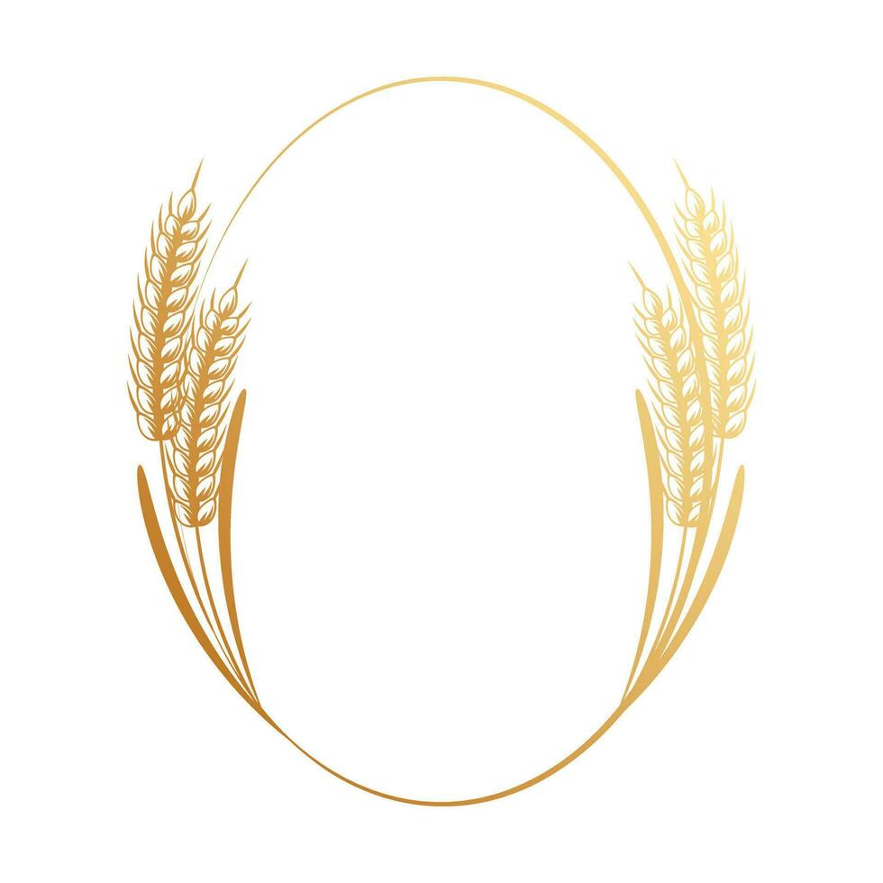 Spikelets of wheat, rye, barley, round frame. Golden icon, elegant design, vector