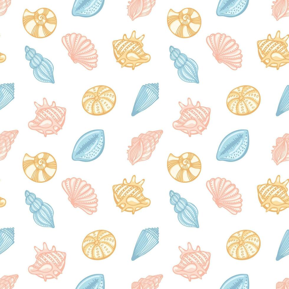 Sea shell seamless pattern in pastel colors on a white background. Background, textile, vector