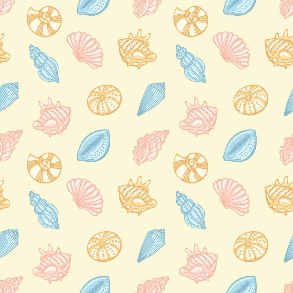 Seamless pattern of sea shells in pastel colors on a pale yellow background. Vector
