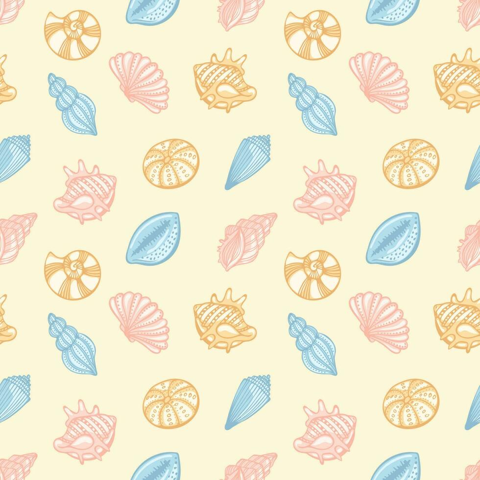 Seamless pattern of sea shells in pastel colors on a pale yellow background. Vector