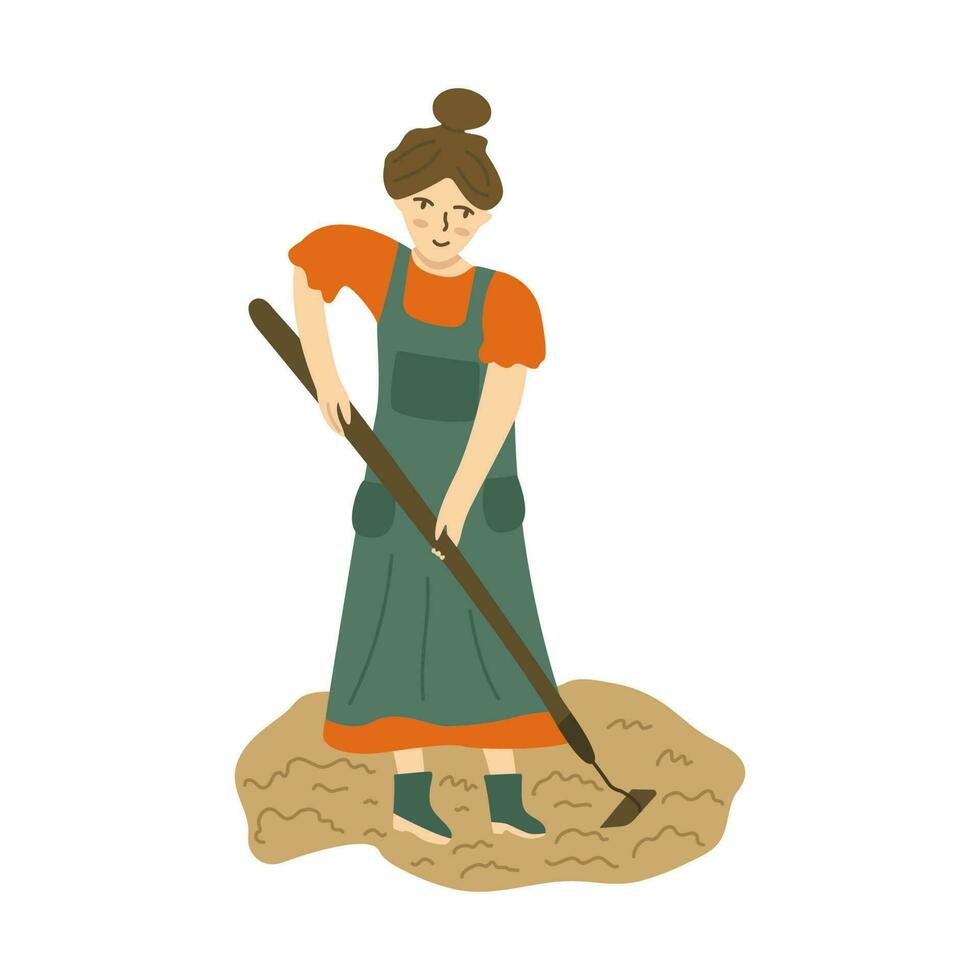 Girl works in the garden, cultivating ground. Vector