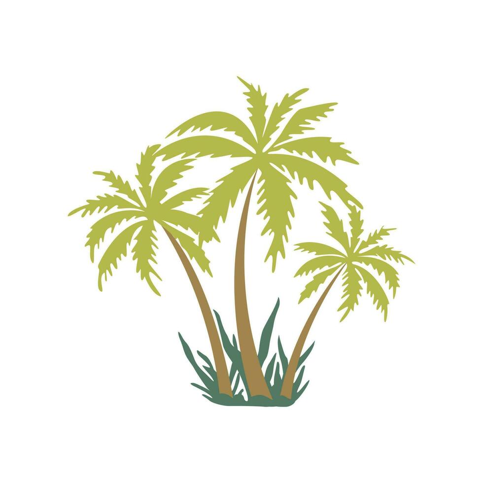 Three palm trees. Green bushes around. Vector hand drawn