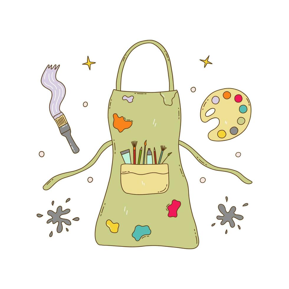 Artist apron. Pocket with brushes, pencils, paint tube. Vector