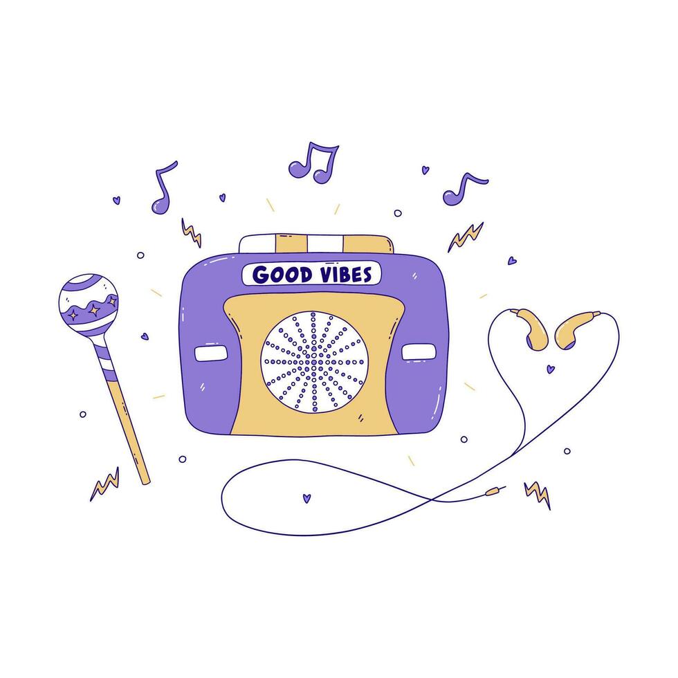 Cassette audio player retro with headphones and lollipop. Vector