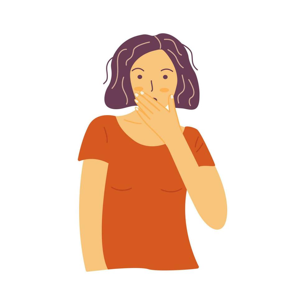 Girl covers her mouth with hand. Vector colorful