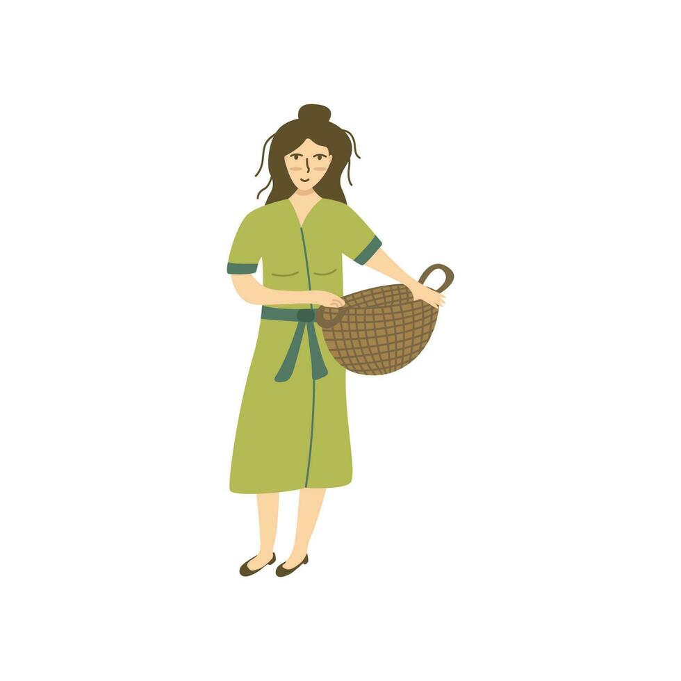 Cute girl holds a wicker laundry basket. Vector