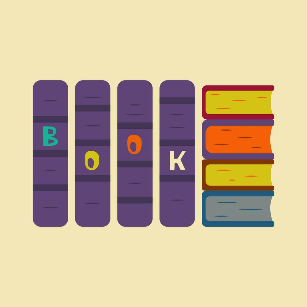 Purple books stand in row, stack of books of different sizes lies