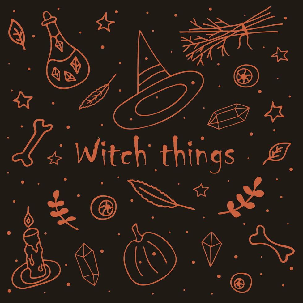 Set of witch things for Halloween. Hat, bones, pumpkin vector