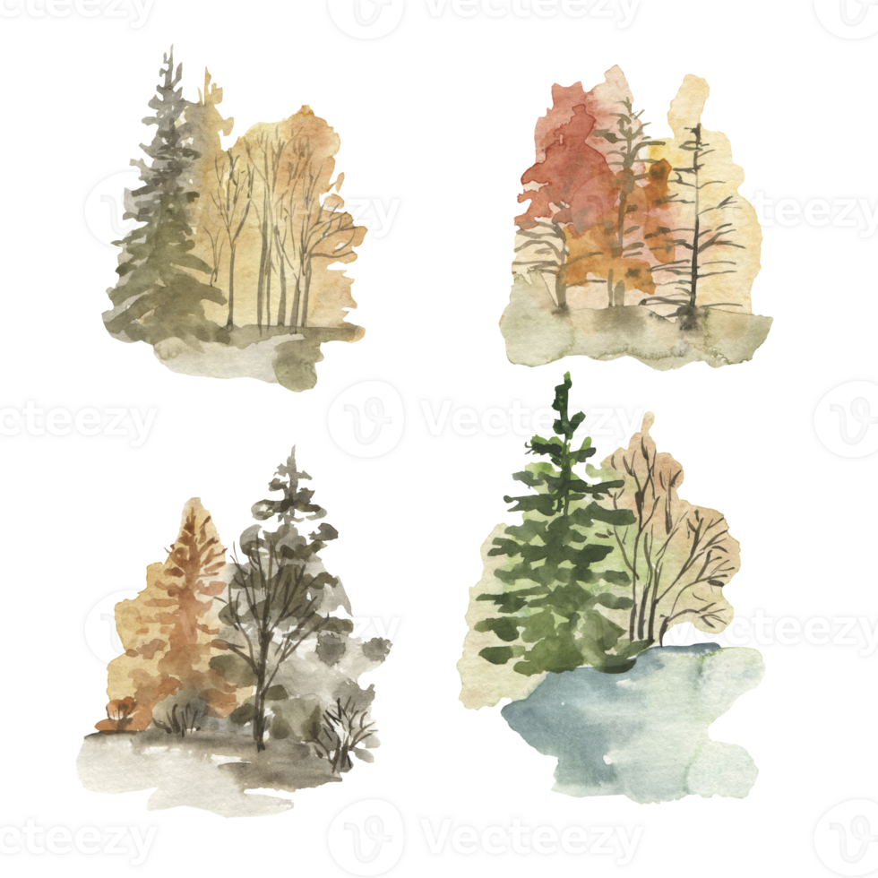 Set of watercolor spring trees on transparent background png