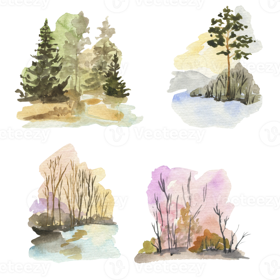 Set of watercolor spring trees on transparent background png