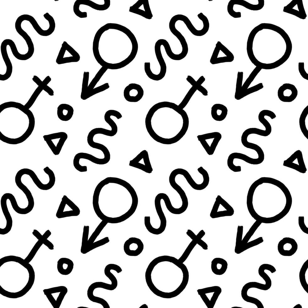 Vector black and white illustration seamless pattern of squiggles, signs of men and women