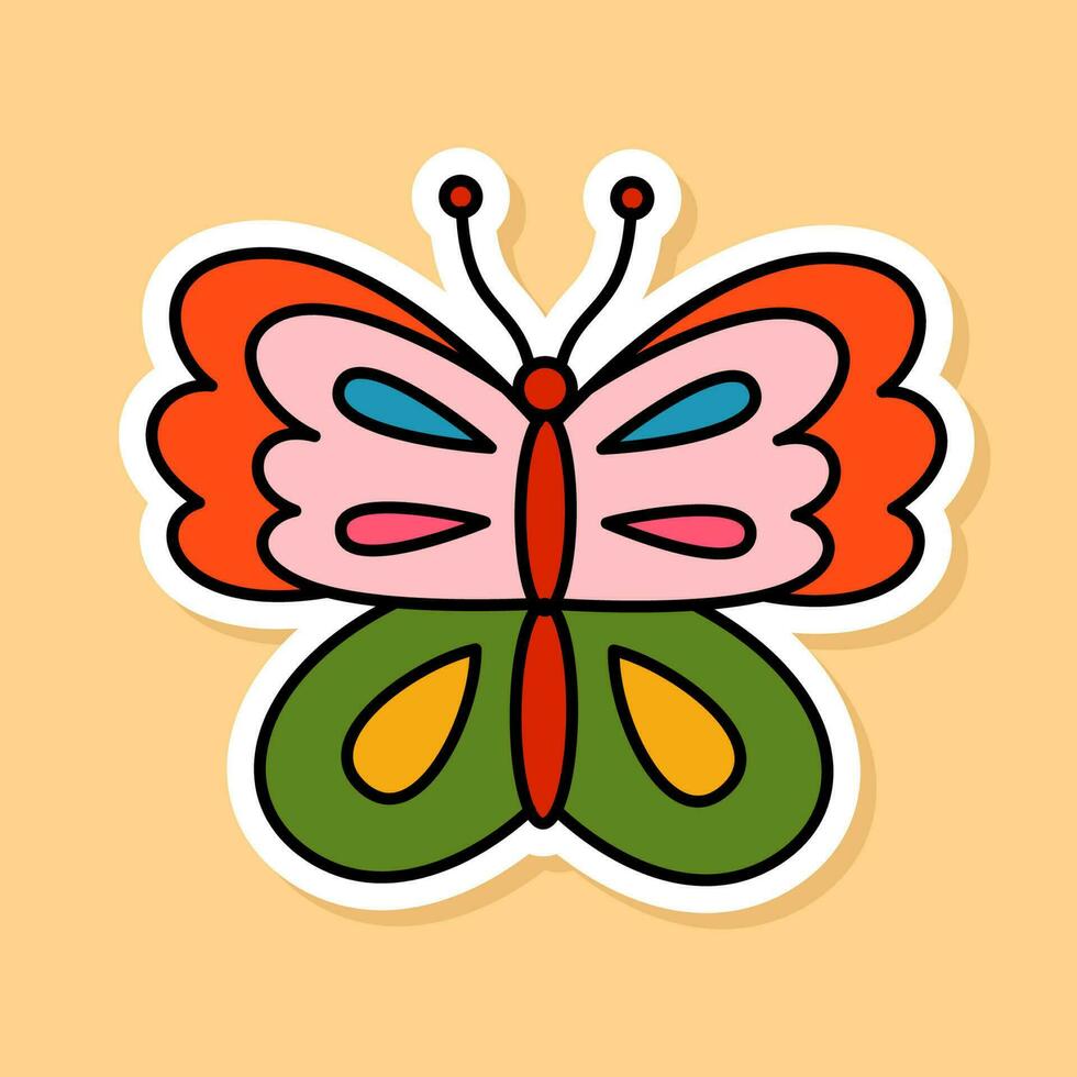 Vector Retro Butterfly sticker isolated on yellow background. 70s style cartoon insect with white contour