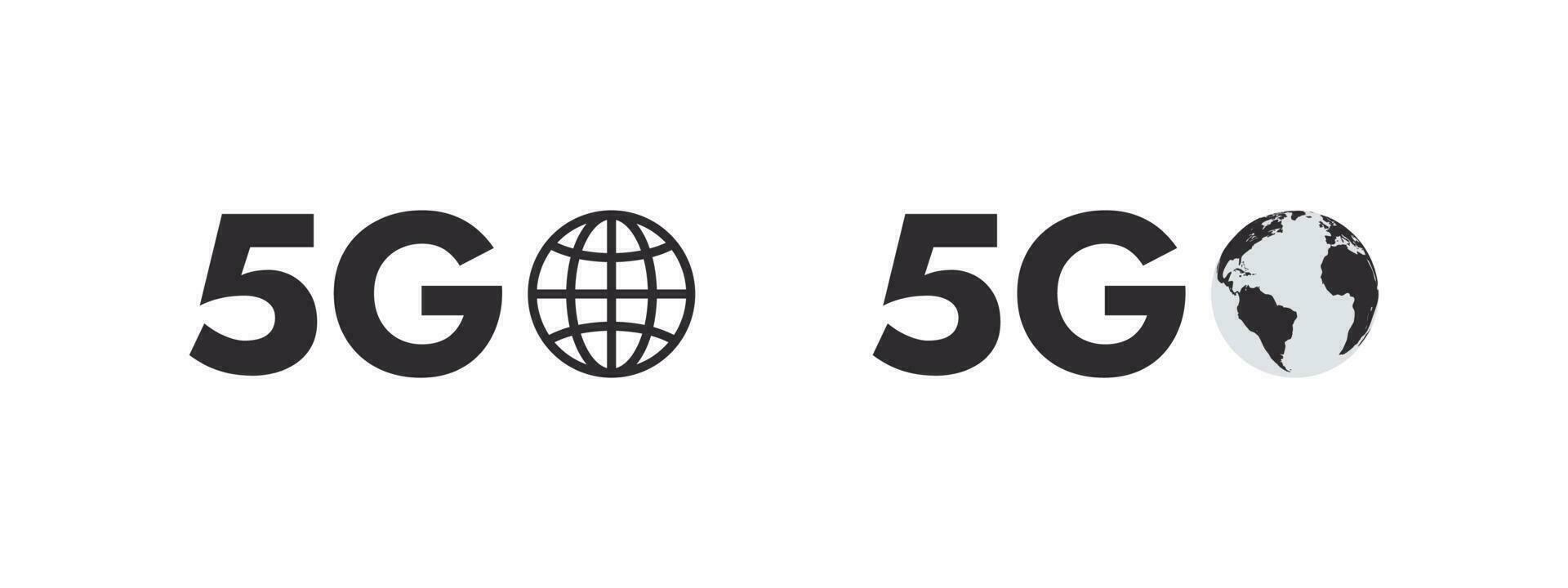 5G network icons with planet sign. Icons indicators of the quality of cellular communication. Superfast 5G cellular. Vector scalable graphics