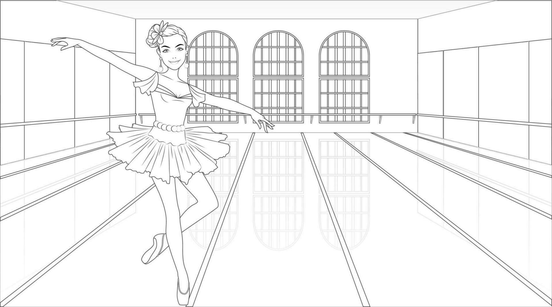 bailarina colorante página con hembra personaje en un bailando estudio antecedentes. vector ilustración