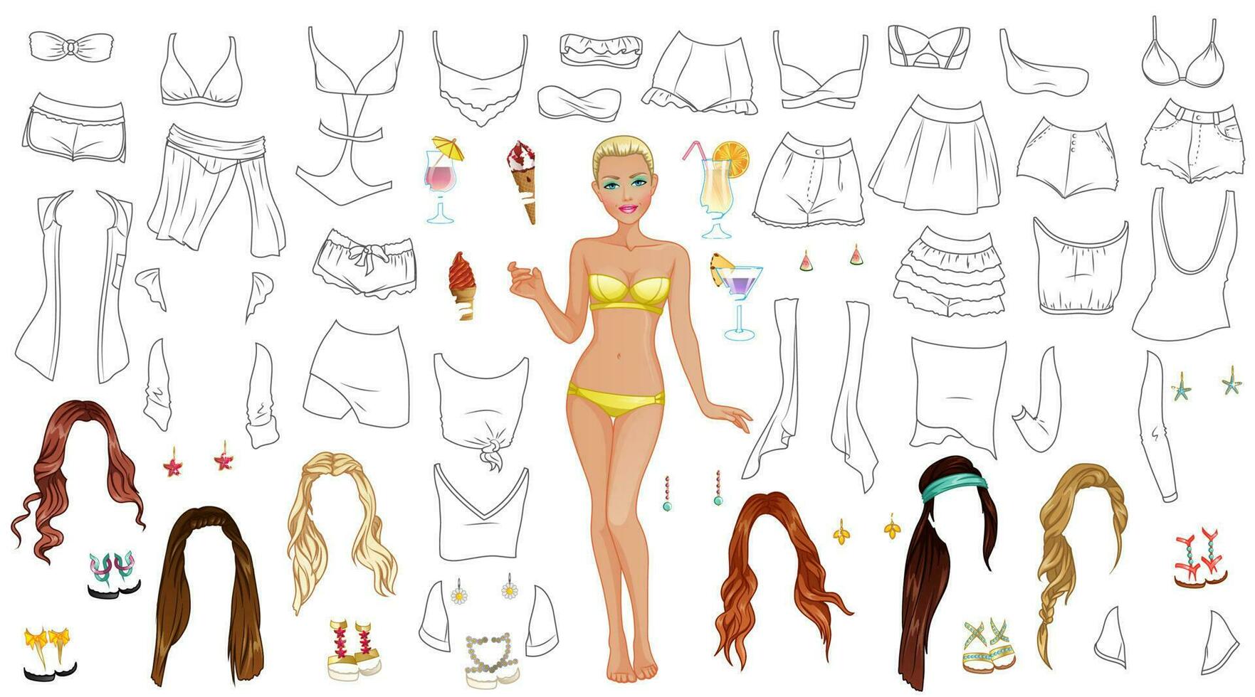 Spring Break Coloring Paper Doll with Swimsuits, Hairstyles and Accessories. Vector Illustration