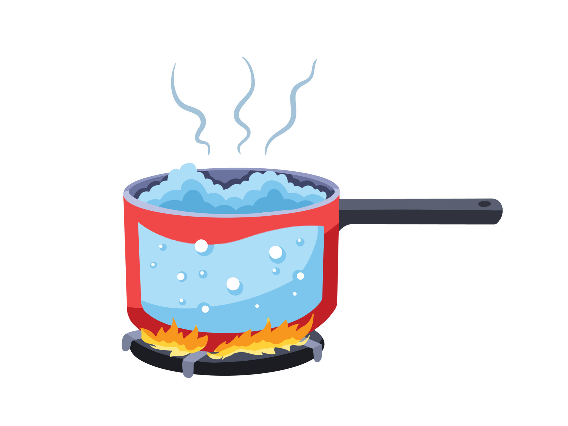 Boiling water in red pot pan on top of stove flames with smokes