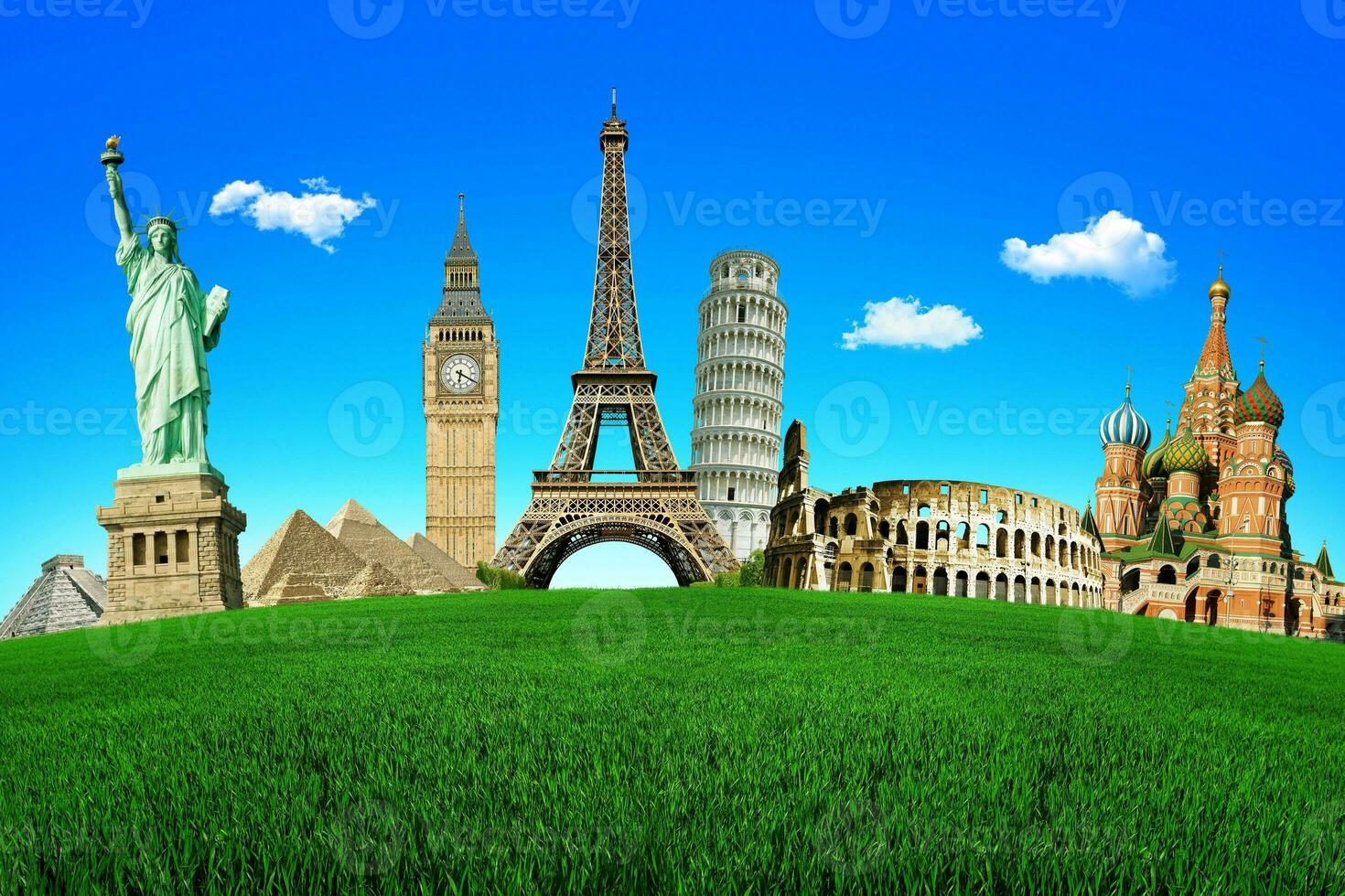 Concept of travel. Green field with the wonders of the world. Around