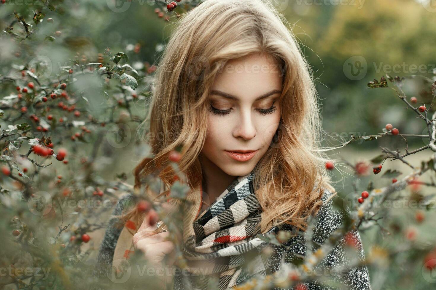 Autumn portrait of a beautiful woman in warm scarf 23334621 Stock Photo
