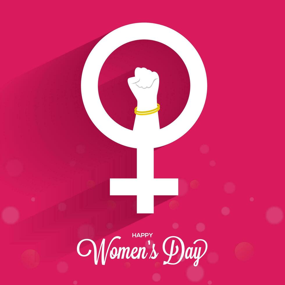 White Venus Sign With Female Hand Fist Up On Pink Background For Happy Women's Day Celebration. vector