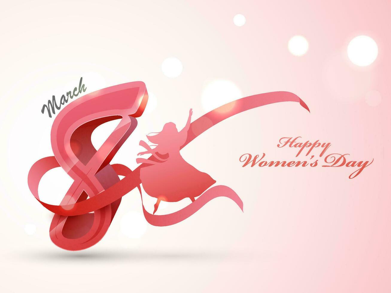 3D 8 Number Of March With Ribbon, Silhouette Female On Pastel Pink Bokeh Background For Happy Women's Day Concept. vector